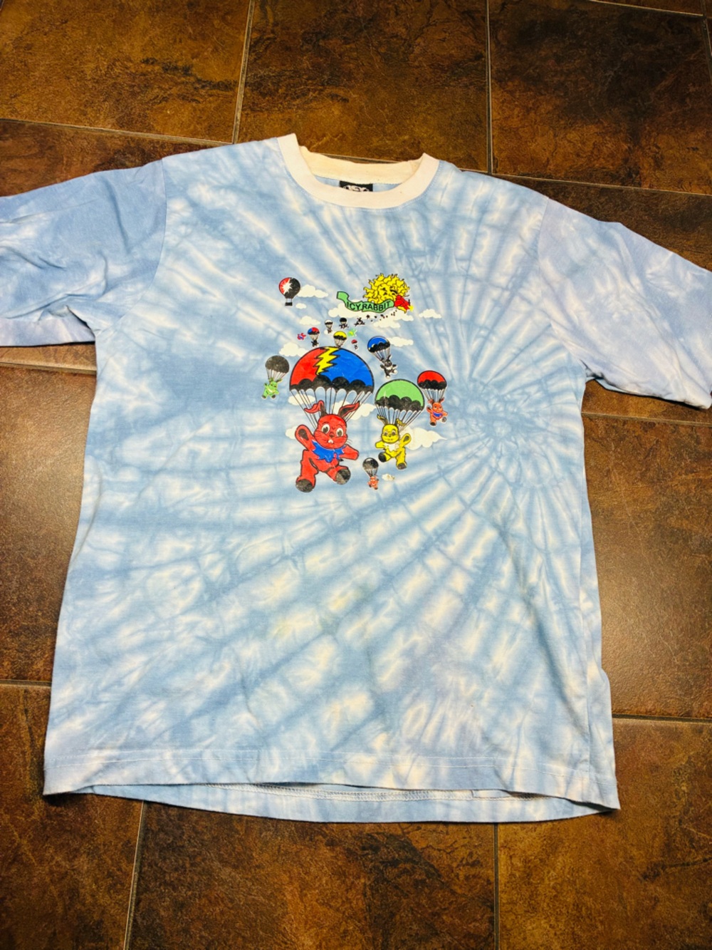 Light Blue Tie-Dye Short Sleeve Graphic Tee with Parachute Characters